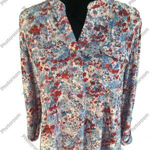 Cocomo Petite Large Pink & Blue Floral Pleated 3/4 Rolltab Sleeve Top